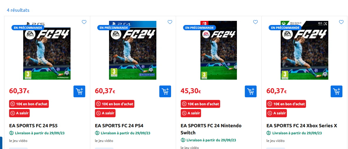 EA Sports FC 24 (PS5, PS4, Xbox) [FR] à 60.36€ avec 19.97€ offerts —